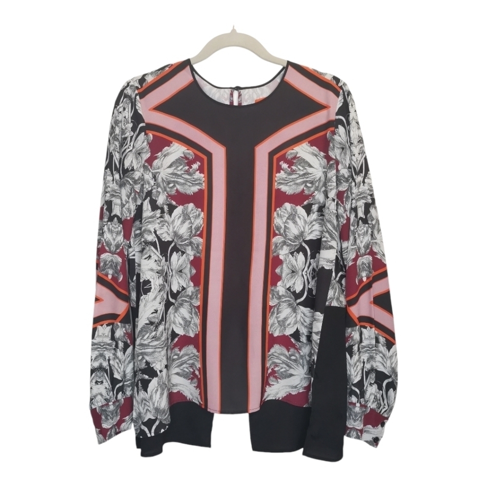 Clover Canyon Floral Geometric Graphic Print Crewneck Split‎ Back Long Sleeve